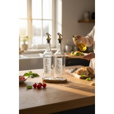 Ahşap Standlı 2'li Zeytinyağ ve Ayçiçek Yağı Şişesi Şeffaf Yağdanlık Yağlık 750 Ml(Gold)