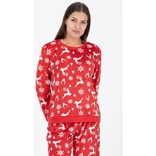 Dofi Kadın 1719 Kırmızı Geyik Desenli Süper Soft Kışlık Yılbaşı Pijama Takımı Yeni Yıl Noel