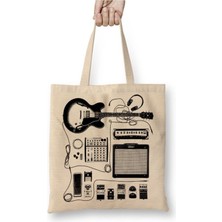 Toyaso Gitar Amfi Gitarist Pedal Kedi Beyaz Bez Çanta Uzun Saplı Alışveriş Çantası Plaj Çantası