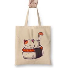 Toyaso Cute Cat Sushi Salmon V5 Beyaz Bez Çanta Uzun Saplı Alışveriş Çantası Plaj Çantası