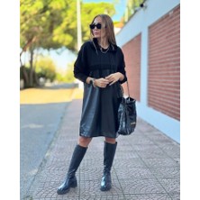 Nnstartshopping  Kadın Uzun Kollu Kapüşon ve Deri Detay Diz Üstü Elbise