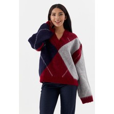 Shopping Shop V Yaka Baklava Desenli Kazak Bordo