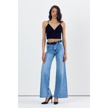 Whatsup Geniş Paça Baggy Kadın Jean Pantolon  - Mavi Mavi - 27