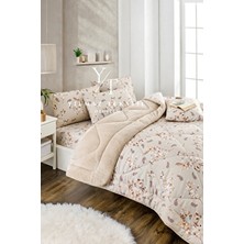 ChicMaison Bej Etnik Desenli Çift Kişilik Pofuduk Uyku Seti Ranforce 195 x 215 cm Lastikli Çarşaflı