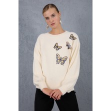 Kadın Ekru Sakal Iplik Önü Boncuk Nakışlı Balon Kollu Bisiklet Yaka Triko Kazak