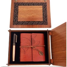 Dekoratif Hediyelik Ahşap Kutulu Kahve Deri Defter ve Metal Bakır Kalem