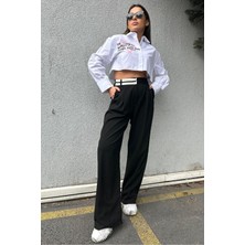 Ribana Classic Beyaz Kalp-Slogan Baskılı Crop Gömlek