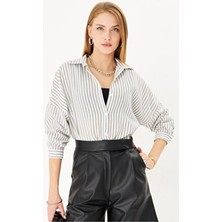 Armonika Kadın Beyaz-Siyah Ince Çizgili Oversize Uzun Basic Gömlek ARM-22Y001185