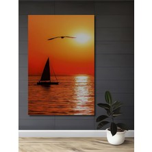 Teona Ahşap Gün Batımı Yelkenli ve Uçan Martı Yağlı Boya Görünümlü Dekoratif Ahşap Tablo Dikdörtgen Tablo