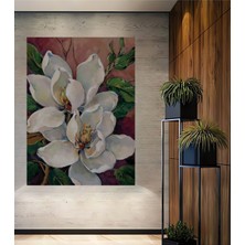 Teona Ahşap Büyük Beyaz Manolya Yağlı Boya Görünümlü Ahşap Dekoratif Tablo Dikdörtgen Tablo
