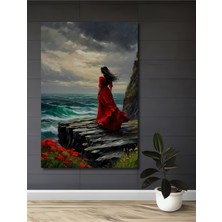 Teona Ahşap Kızıl Elbiseli Kadın Denize Bakıyor Yağlı Boya Görünümlü Dekoratif Ahşap Tablo Dikdörtgen Tablo