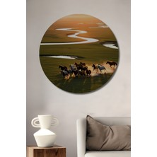 Teona Ahşap At Koşan Atlar Yağlı Boya Görünümlü Dekoratif Ahşap Tablo Yuvarlak Tablo