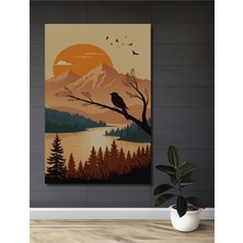 Teona Ahşap Ahşap Dekoratif Tablo Günbatımında Kuş ve Dağlar Yağlı Boya Görünümlü Sanat Eseri Dikdörtgen Tablo