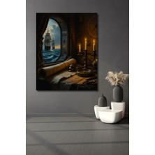 Teona Ahşap Ahşap Dekoratif Tablo Denizci Pusulası ve Gemiler Yağlı Boya Görünümlü Dikdörtgen Tablo