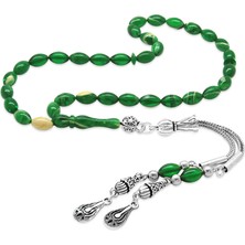 Tesbihane Ateş Kehribar Tesbih - Kararmaz Metal Damla Püsküllü - Yeşil Beyaz - Mini Boy - Arpa Kesim