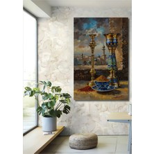 Teona Ahşap Ahşap Tablo Altın Varaklı Objeler ve Doğu Esintisi Yağlı Boya Görünümlü Sanat Eseri Dikdörtgen Tablo