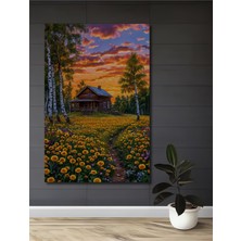 Teona Ahşap Günbatımında Ahşap Ev Yağlı Boya Görünümlü Ahşap Dekoratif Tablo Dikdörtgen Tablo