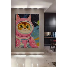 Teona Ahşap Astronot Kedi Yağlı Boya Görünümlü Ahşap Dekoratif Tablo Dikdörtgen Tablo