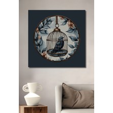 Teona Ahşap Kafesteki Mavi Kuş Sulu Boya Görünümlü Dekoratif Ahşap Tablo Dikdörtgen Tablo