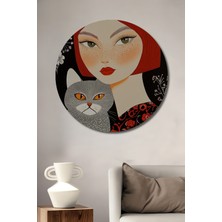 Teona Ahşap Kediyle Kızıl Saçlı Kız Yağlı Boya Görünümlü Ahşap Dekoratif Tablo Yuvarlak Tablo