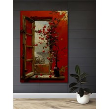 Teona Ahşap Kırmızı Duvarlı Pencereden Yağlı Boya Görünümlü Ahşap Dekoratif Tablo Dikdörtgen Tablo