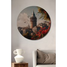 Teona Ahşap Galata Kulesi Yağlı Boya Görünümlü Ahşap Dekoratif Tablo Yuvarlak Tablo