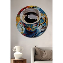 Teona Ahşap Bahar Çiçekli Kahve Fincanı Sulu Boya Görünümlü Dekoratif Ahşap Tablo Yuvarlak Tablo