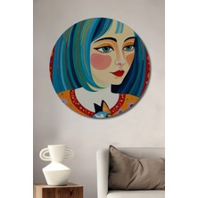 Teona Ahşap Renkli Kedi Temalı Kadın Portresi Yağlı Boya Görünümlü Modern Sanat Ahşap Tablo Yuvarlak Tablo
