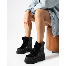 Duxal Shoes Aylin Kadın Peluş Detaylı Kalın Tabanlı Bağcıklı Kışlık Bot