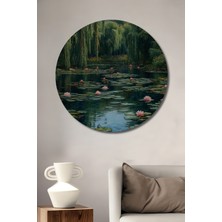 Teona Ahşap Mükemmel Su Zambakları ve Ağlayan Ağaçlar Yağlı Boya Görünümlü Dekoratif Ahşap Tablo Yuvarlak Tablo