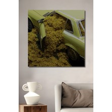 Teona Ahşap Sarı Çiçeklerle Dolmuş Klasik Araba Yağlı Boya Görünümlü Ahşap Dekoratif Tablo Dikdörtgen Tablo