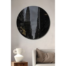 Teona Ahşap Siyah Beyaz Yağlı Boya Görünümlü Chrysler Binası Ahşap Dekoratif Tablo Yuvarlak Tablo