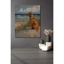 Teona Ahşap Sahilde Oturan Golden Retriever Yağlı Boya Görünümlü Ahşap Dekoratif Tablo Dikdörtgen Tablo
