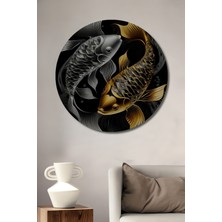 Teona Ahşap Altın ve Gümüş Koi Balığı Yağlı Boya Görünümlü Modern Sanat Ahşap Tablo Yuvarlak Tablo