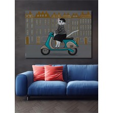 Teona Ahşap Paris Kedi Scooter Yağlı Boya Görünümlü Ahşap Dekoratif Tablo Dikdörtgen Tablo