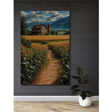 Teona Ahşap Altın Sarısı Tarlalar ve Ahşap Ev Yağlı Boya Görünümlü Ahşap Dekoratif Tablo Dikdörtgen Tablo