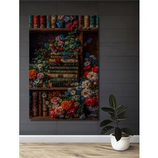 Teona Ahşap Kütüphane Çiçekleri Yağlı Boya Görünümlü Dekoratif Ahşap Tablo Dikdörtgen Tablo