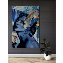 Teona Ahşap Maviye Boyanmış Kadın ve Özgürlük Kuşu Yağlı Boya Görünümlü Ahşap Dekoratif Tablo Dikdörtgen Tablo
