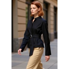 PayBuy Kadınların Şıklığını Tamamlayan Kuşak Detaylı Hakim Yaka Uzun Kollu Düz Renk Gömlek Bluz Şık