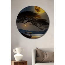 Teona Ahşap Altın Ay Işığında Tekne Manzaralı Ağaçlıklı Yağlı Boya Görünümlü Ahşap Tablo Yuvarlak Tablo