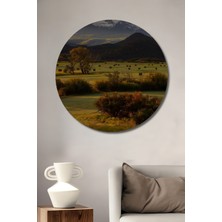 Teona Ahşap Dağlar Arası Gün Batımı Yağlı Boya Görünümlü Ahşap Dekoratif Tablo Yuvarlak Tablo