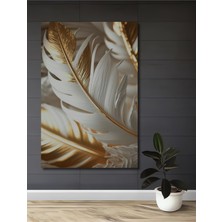 Teona Ahşap Altın Beyaz Tüy Desenli Modern Sanat Yağlı Boya Görünümlü Dekoratif Ahşap Tablo Dikdörtgen Tablo