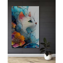 Teona Ahşap Zarif Kedi ve Renkli Çiçekler Sulu Boya Görünümlü Modern Sanat Ahşap Tablo Dikdörtgen Tablo