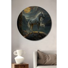 Teona Ahşap Beyaz Atlı Yağlı Boya Görünümlü Ahşap Dekoratif Tablo Modern Sanat Eseri Yuvarlak Tablo