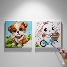 Dudu Ahşap Anaokulu İlkokul Etkinliği 2'li Tuval Boyama Seti 20 x 20 cm Uv Baskı + 6 Akrilik Boya + 1 Fırça Model 31