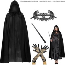 Aspata Store Buğz 120 cm Kapüşonlu Siyah Pelerin + Asa + Dantel Maske + Uzun Dantel Siyah Eldiven Kostüm Seti