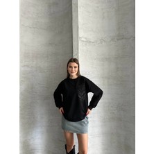 Çiçek Desenli Ipek Siyah Sweatshirt