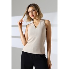 Lubiti Gold Aksesuarlı Kolsuz Bluz