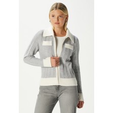 Ritnice  Alec Premium Fermuarlı Gri Ekru Triko Hırka