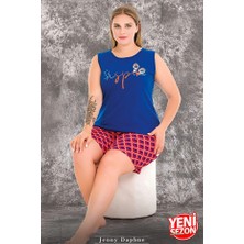 Nightlove Lady Büyük Beden Mavi Desenli Sıfır Kollu Şortlu Pijama Takımı